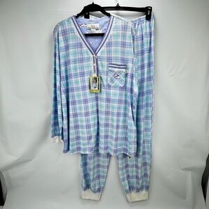 NWT Karen Neuburger Blue Purple Plaid 2 Piece Pajama Set PJs Sz XL